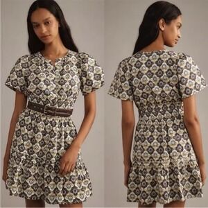 NWT Anthropologie Somerset Mini Dress Blue Khaki Print Large